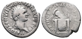 Domitian (Caesar, 69-81). AR Denarius (19mm, 3.03g). Rome, 80-1. Laureate head r. R/ Crested Corinthian helmet on draped pulvinar. RIC II 271 (Titus);...