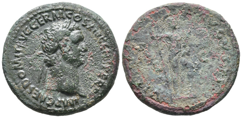 Domitian (81-96). Æ As (29mm, 12.87g). Rome, AD 87. Laureate head r. R/ Virtus s...