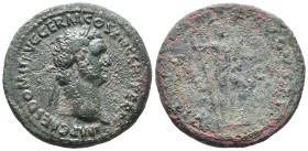 Domitian (81-96). Æ As (29mm, 12.87g). Rome, AD 87. Laureate head r. R/ Virtus standing r., with foot on helmet, holding spear and parazonium. RIC II ...