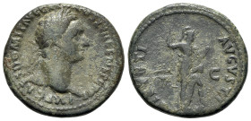 Domitian (81-96). Æ As (28.5mm, 12.78g, 6h). Rome, AD 87. Laureate head r. R/ Virtus standing r., with foot on helmet, holding spear and parazonium. R...