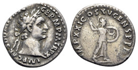 Domitian (81-96). AR Denarius (19mm, 3.33g, 6h). Rome, 90-1. Laureate head r. R/ Minerva standing r., brandishing spear and holding shield. RIC II 719...