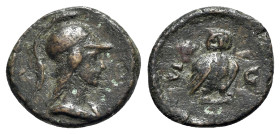 Anonymous, time of Domitian to Antoninus Pius, 81-161. Æ Quadrans (14mm, 2.08g, 7h). Rome. Helmeted bust of Minerva r. R/ Owl standing r. RIC II 7. Da...