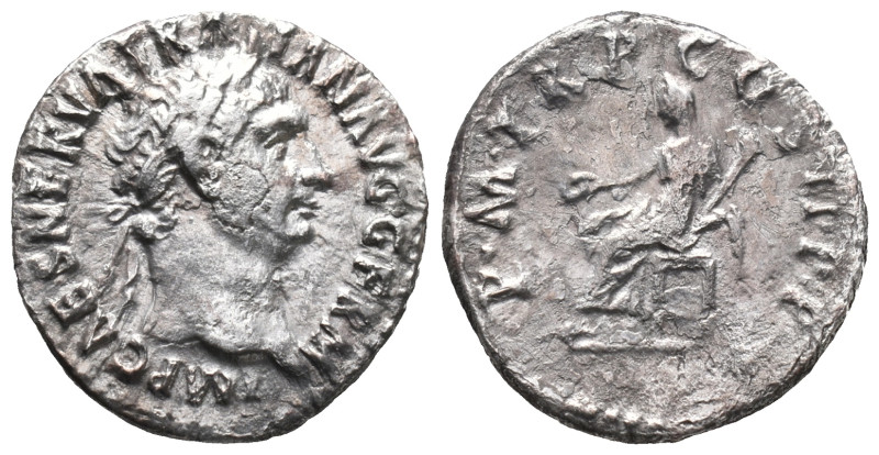 Trajan (98-117). AR Denarius (18mm, 2.98g). Rome, 98-99. Laureate head r. R/ Ves...