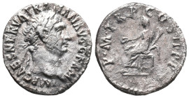 Trajan (98-117). AR Denarius (18mm, 2.98g). Rome, 98-99. Laureate head r. R/ Vesta seated l., holding patera and torch. RIC II 9; Woytek 60a; RSC 203....