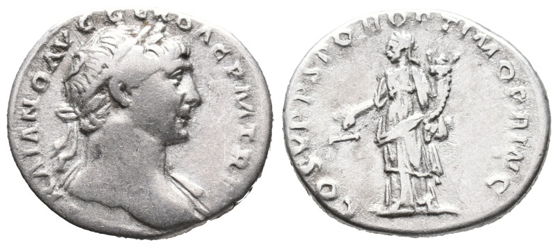 Trajan (98-117). AR Denarius (19mm, 3.60g). Rome, 103-111. Laureate bust r., dra...