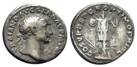 Trajan (98-117). AR Denarius (18mm, 3.37g, 6h). Rome, c. 107-8. Laureate bust r., slight drapery on l. shoulder. R/ Trophy on tree stump with one roun...