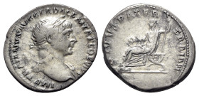 Trajan (98-117). AR Denarius (19mm, 3.62g, 6h). Rome, 112-3. Laureate bust r., slight drapery. R/ Divus Trajan Pater seated l. on curule chair, holdin...