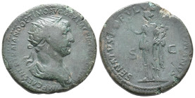 Trajan (98-117). Æ Dupondius (28mm, 12.38g). Rome, 114-6. Radiate and draped bust r. R/ Felicitas standing l., holding caduceus and cornucopia. RIC II...