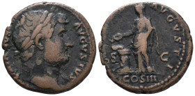 Hadrian (117-138). Æ As (26mm, 9.72g). Rome, 125-8. Laureate bust r., slight drapery. R/ Salus standing l., holding sceptre and feeding from patera a ...