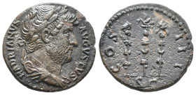 Hadrian (117-138). Æ Quadrans (18mm, 3.32g). Rome, 128-132. Laureate and draped bust r. R/ Three standards. RIC II.3 976 var. (bust type). VF