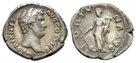 Hadrian (117-138). AR Denarius (19mm, 3.22g, 6h). Rome, c. 132-5. Bare head r. R/ Fortuna standing l., holding rudder set on globe and cornucopia. RIC...