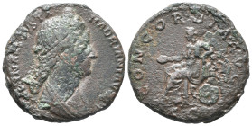 Sabina (Augusta, 128-136/7). Æ As (25.5mm, 10.44g). Rome, 130-3. Draped bust r., wearing diadem, with hair in plait at back. R/ Concordia seated l., h...