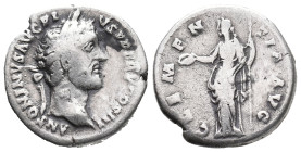 Antoninus Pius (138-161). AR Denarius (17mm, 2.97g). Rome, c. 141-3. Laureate head r. R/ Clementia standing l., holding patera and sceptre. RIC III 64...