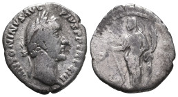 Antoninus Pius (138-161). AR Denarius (19mm, 2.68g). Rome, AD 150. Laureate head r. R/ Felicitas standing l., holding long caduceus and cornucopia. RI...