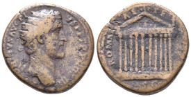 Antoninus Pius (138-161). Æ Dupondius (27mm, 12.68g). Rome, c. 141-3. Radiate head r. R/ Decastyle temple of Roma; statues on roof and in pediment. RI...