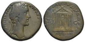 Antoninus Pius (138-161). Æ Sestertius (29mm, 20.89g, 11h). Rome, 158-9. Laureate head r. R/ Cult images of Divus Augustus and Diva Livia within octas...