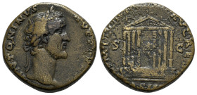 Antoninus Pius (138-161). Æ Sestertius (30mm, 26.64g, 12h). Rome, c. AD 158. Laureate head r. R/ Cult images of Divus Augustus and Diva Livia within o...