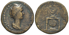 Faustina Senior (Augusta, 138-140/1). Æ Sestertius (33mm, 21.16g, 5h). Rome, AD 141. Draped bust r. R/ Draped throne; below, peacock with tail spread....