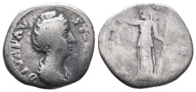 Diva Faustina Senior (died AD 140/1). AR Denarius (18mm, 2.59g). Rome, c. 146-161. Draped bust r. R/ Aeternitas (or Juno) standing l., raising hand an...