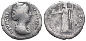 Diva Faustina Senior (died 140/1). AR Denarius (18mm, 2.89g). Rome, 146-161. Veiled and draped bust r. R/ Fortuna standing facing, head l., holding gl...