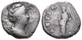 Diva Faustina Senior (died 140/1). AR Denarius (17mm, 2.89g). Rome, 146/7-161. Draped bust r. R/ Aeternitas (or Providentia) standing l., holding glob...