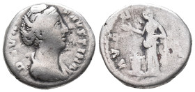 Diva Faustina Senior (died 140/1). AR Denarius (17mm, 3.54g). Rome, c. 146-161. Draped bust r. R/ Pietas standing facing, head l., raising hand and ho...