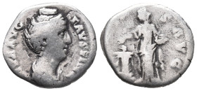 Diva Faustina Senior (died 140/1). AR Denarius (17.5mm, 2.87g). Rome, c. 141-6. Diademed and draped bust r. R/ Pietas standing l., sacrificing over al...