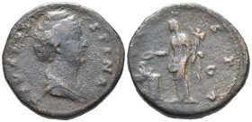 Diva Faustina Senior (died AD 140/1). Æ Sestertius (31mm, 25.65g). Rome, 141-6. Draped bust r. R/ Vesta standing l., holding palladium and sacrificing...