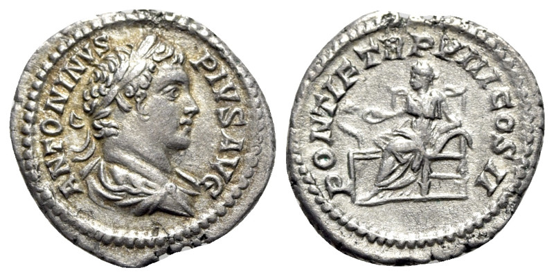 Caracalla (198-217). AR Denarius (19.5mm, 3.09g, 6h). Rome, AD 205. Laureate and...