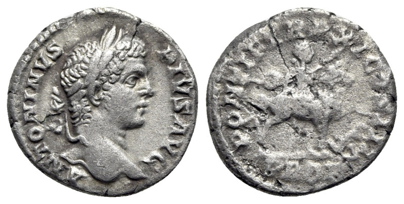 Caracalla (198-217). AR Denarius (18mm, 2.86g, 12h). Rome, AD 208. Laureate head...