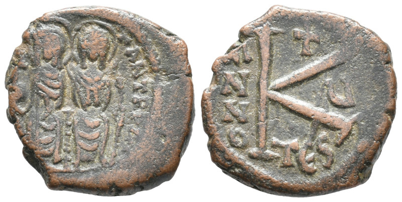 Justin II and Sophia (565-578). Æ 20 Nummi (19mm, 5.10g). Thessalonica, year 5. ...