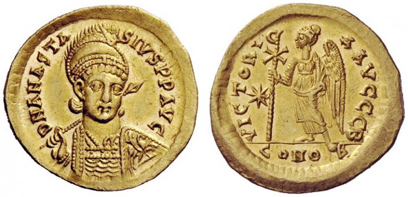 THE BYZANTINE EMPIRE 
 Anastasius, 11 April 491 – 1 July 518 
 Solidus 498, AV...