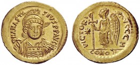 THE BYZANTINE EMPIRE 
 Anastasius, 11 April 491 – 1 July 518 
 Solidus 498-518, AV 4.47 g. D N ANASTA – SIVS PP AVG Helmeted, pearl-diademed and cui...