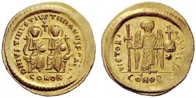THE BYZANTINE EMPIRE 
 Justin I and Justinian I, 4 April – 1 August 527 
 Solidus 527, AV 4.48 g. D N IVSTINVS TIVS TIIIINANVS P P AVG Emperors, nim...