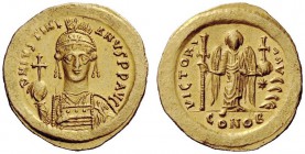 THE BYZANTINE EMPIRE 
 Justinian I, 1 August 527 – 14 November 565 
 Solidus 527-538, AV 4.49 g. D N IVSTINI – ANVS PP AVG Helmeted, pearl-diademed ...