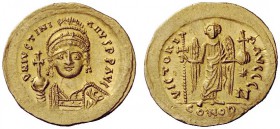 THE BYZANTINE EMPIRE 
 Justinian I, 1 August 527 – 14 November 565 
 Solidus 527-538, AV 4.47 g. D N IVSTINI – ANVS PP AVG Helmeted, pearl-diademed ...