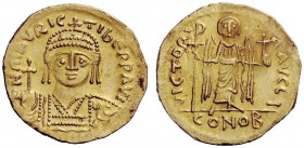 THE BYZANTINE EMPIRE 
 Maurice Tiberius, 15 August 582 – 25 November 602 
 Solidus circa 583, 4.45 g. D N mAVRIC – TIbE P P AVG Crowned and cuirasse...