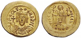 THE BYZANTINE EMPIRE 
 Phocas, 23 November 602 – 5 October 610 
 Solidus, 602-603, AV 4.46 g. O N FOCAS – PERP AVG Draped and cuirassed bust facing,...