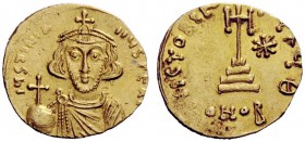 THE BYZANTINE EMPIRE 
 Justinian II, first reign 685 - 695 
 Light weight solidus of 23 siliquae 686-687, AV 4.17 g. IYStINIA – NYS PE AV Bearded bu...