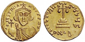 THE BYZANTINE EMPIRE 
 Justinian II, first reign 685 - 695 
 Solidus 687-692, AV 4.26 g. d IYStINIA – NYS PE AV Bearded bust facing, wearing crown w...