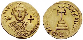 THE BYZANTINE EMPIRE 
 Leontius 695 – 698 
 Solidus 695-698, AV 4.44 g. D LEO – [N P]E AV Bearded bust facing, wearing loros and crown and holding a...