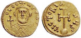 THE BYZANTINE EMPIRE 
 Leontius 695 – 698 
 Semis 695-698, AV 2.15 g. D LEO – N PE AV Bearded bust facing, wearing loros and crown and holding anexi...