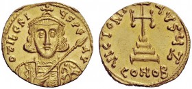 THE BYZANTINE EMPIRE 
 Tiberius III, Apsimar 698 - 705 
 Solidus 698-705, AV 4.28 g. d tIbERI – YS PE – AV Bearded and cuirassed bust facing, wearin...