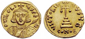 THE BYZANTINE EMPIRE 
 Tiberius III, Apsimar 698 - 705 
 Solidus 698-705, AV 4.40 g. d tIbERI – YS PE – AV Bearded and cuirassed bust facing, wearin...
