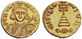 THE BYZANTINE EMPIRE 
 Tiberius III, Apsimar 698 - 705 
 Solidus 698-705, AV 4.44 g. d tIbERI – YS PE – AV Bearded and cuirassed bust facing, wearin...