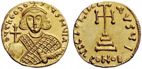 THE BYZANTINE EMPIRE 
 Theodosius III, 715 - 717 
 Solidus 715-717, AV 4.47 g. d N ThEOdO – SIYS MYI A Facing bust, wearing loros and crown, holding...