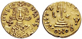 THE BYZANTINE EMPIRE 
 Theodosius III, 715 - 717 
 Solidus, Rome 715-717, AV 3.95 g. d N ThEO – dOSIYA VG Facing bust, wearing loros and crown, hold...