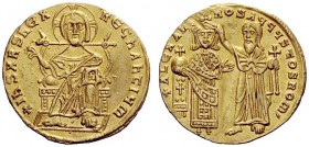 THE BYZANTINE EMPIRE 
 Alexander, 11 May 912 – 6 June 913. 
 Solidus circa 912–913, 4.47 g. +IhS XRS REX – REGhAhtIYm Christ enthroned facing, weari...