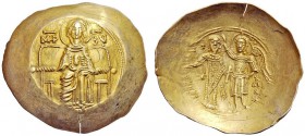 THE BYZANTINE EMPIRE 
 Isaac II Angelus, 12 September 1185 – 8 April 1195 
 Aspron trachy 1185-1195, EL 3.94 g. The Virgin nimbate enthroned facing;...