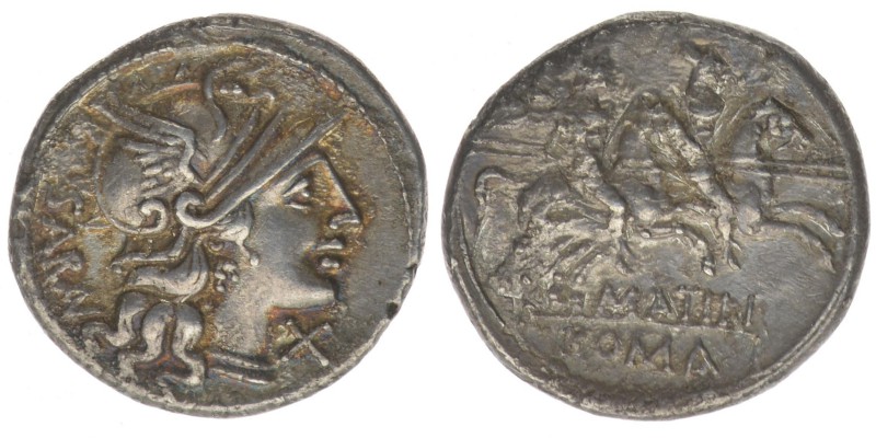 ROM Republik M. Attilus Saranus 148 BC

Denar
Romakopf nach rechts / Die Dioskur...
